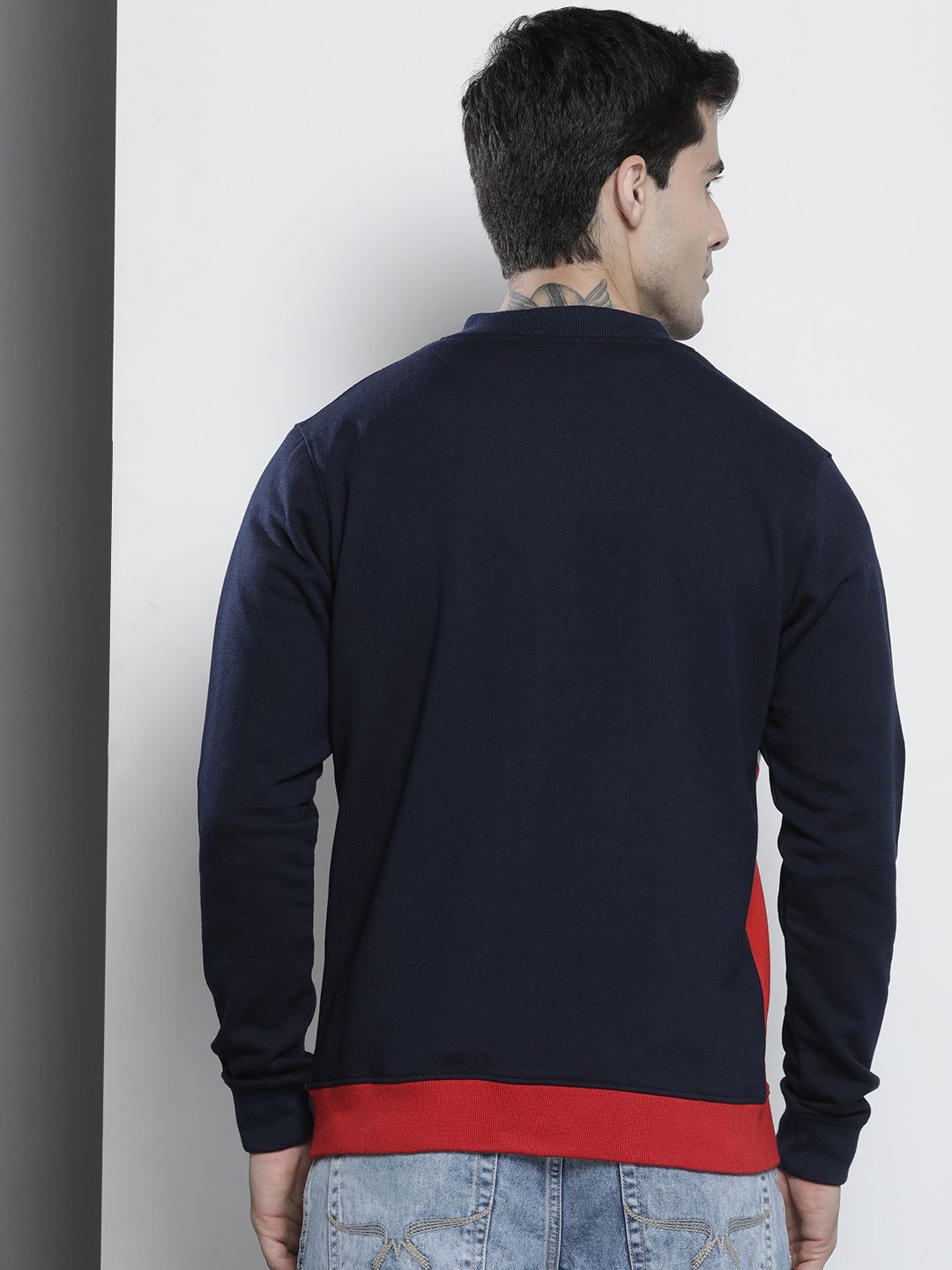 The Indian Garage Co Men Navy Blue & Red Colourblocked Sweatshirt