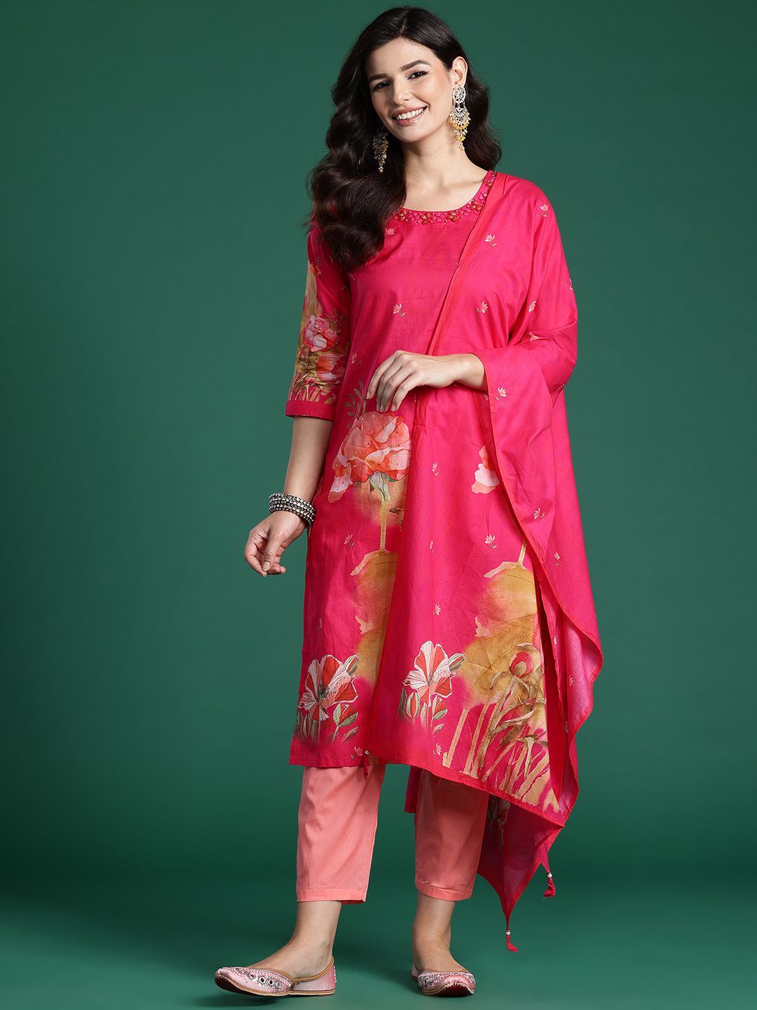 Indo Era Floral Printed Beads & Stones Pure Cotton Kurta With Trousers & Dupatta