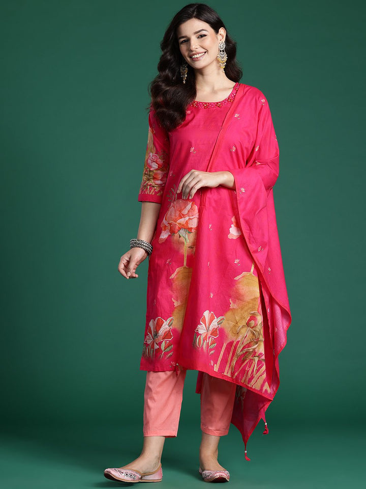 Indo Era Floral Printed Beads & Stones Pure Cotton Kurta With Trousers & Dupatta