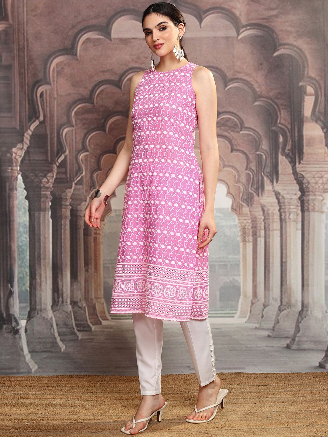 Vishudh Pink Floral Embroidered Round Neck Sleeveless Schiffli Work Straight Kurta