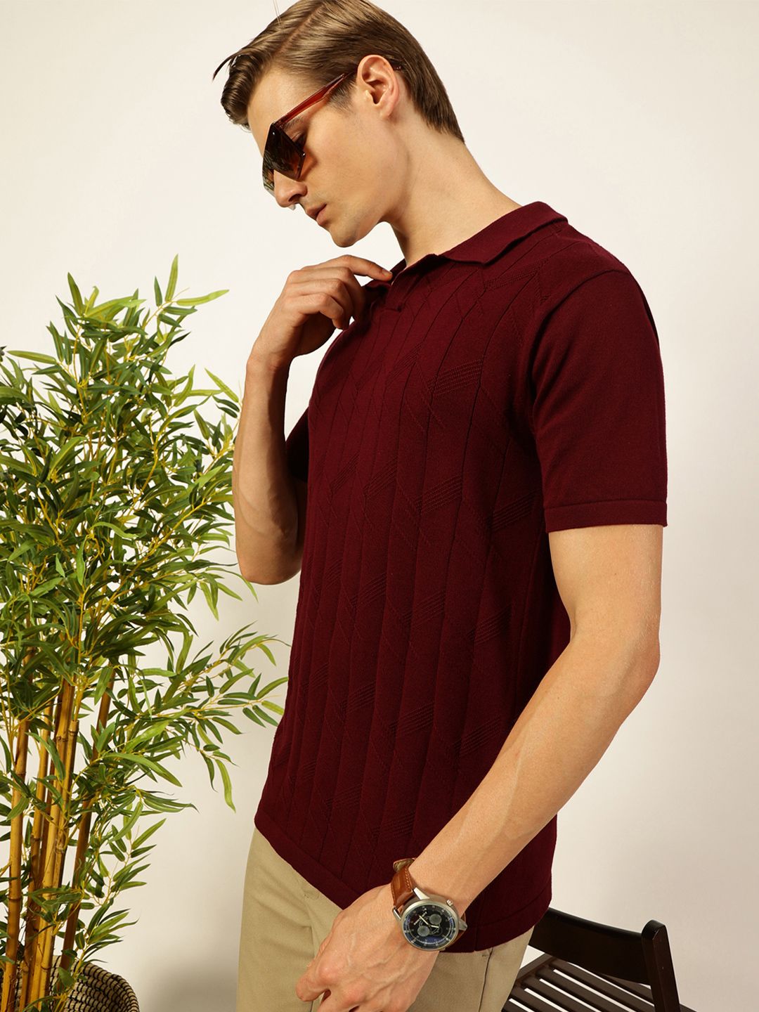 Thomas Scott Men Self Design Regular Fit Knitted Polo T-shirt