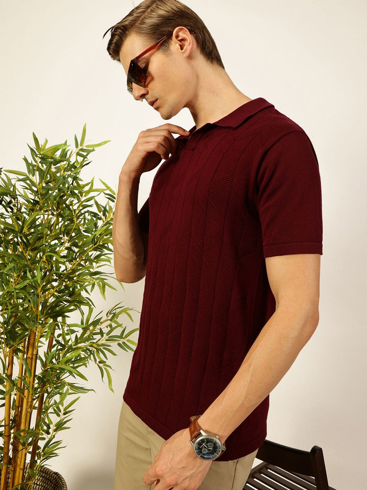 Thomas Scott Men Self Design Regular Fit Knitted Polo T-shirt