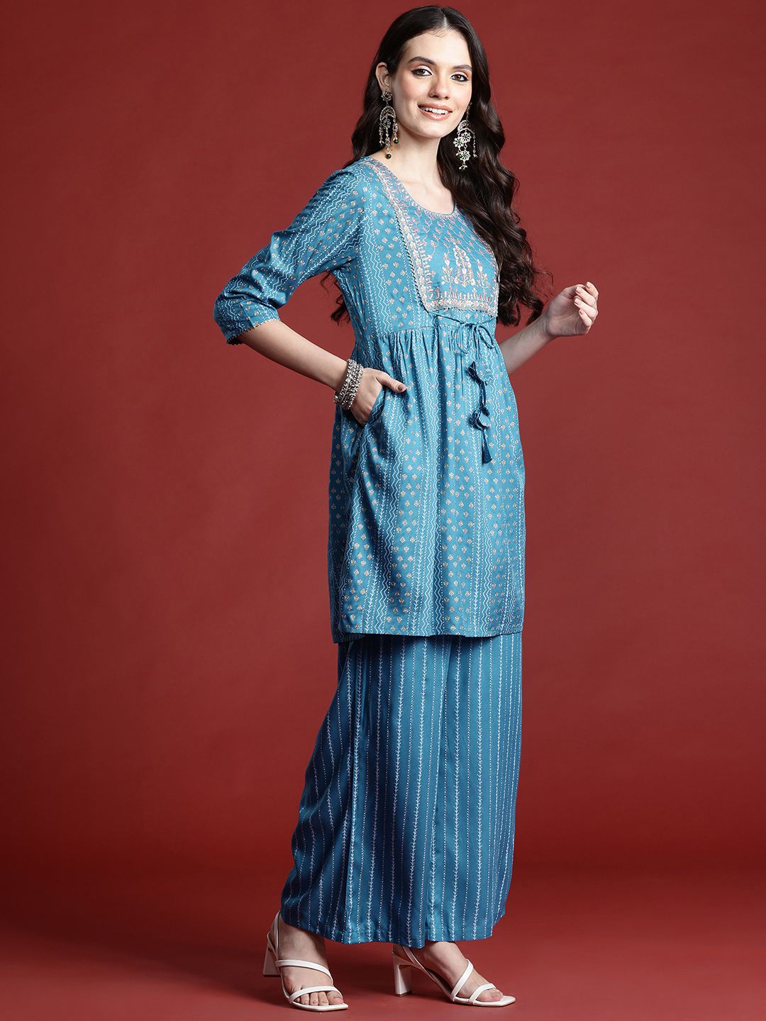 Anouk Women Ethnic Motifs Printed Empire Thread Work Kurta with Palazzos & With Dupatta