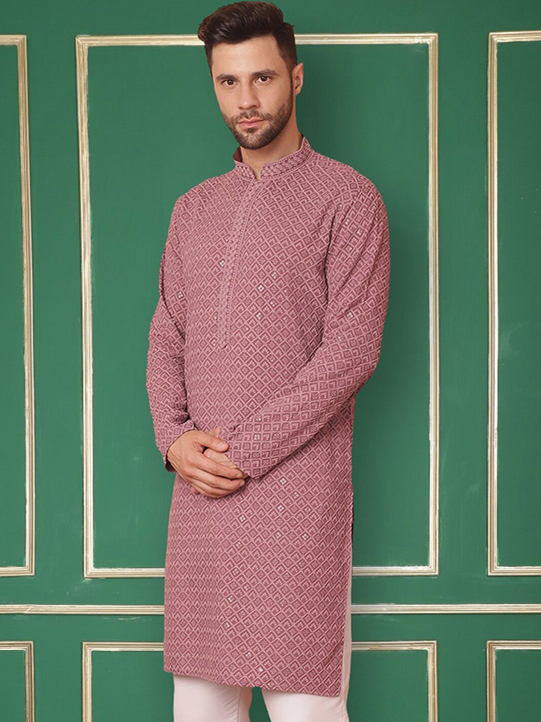 Jompers Geometric Embroidered Mandarin Collar Sequins Straight Kurta