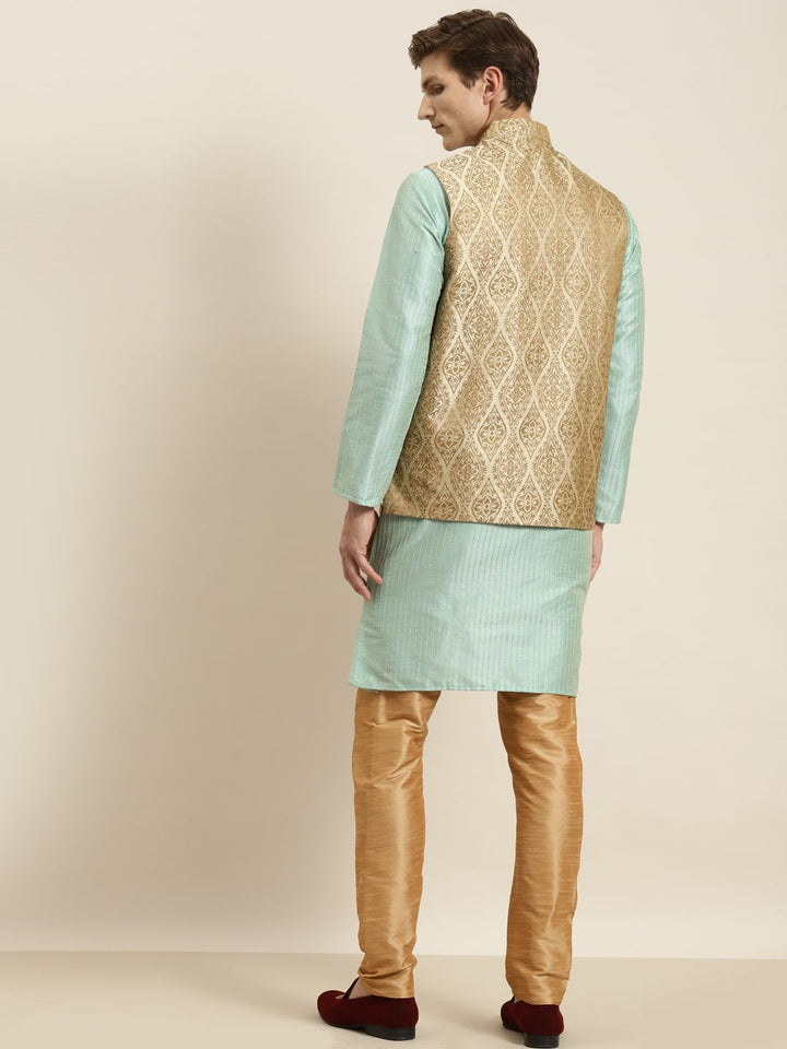 SOJANYA Men Sea Green Striped Kurta with Churidar & Nehru Jacket