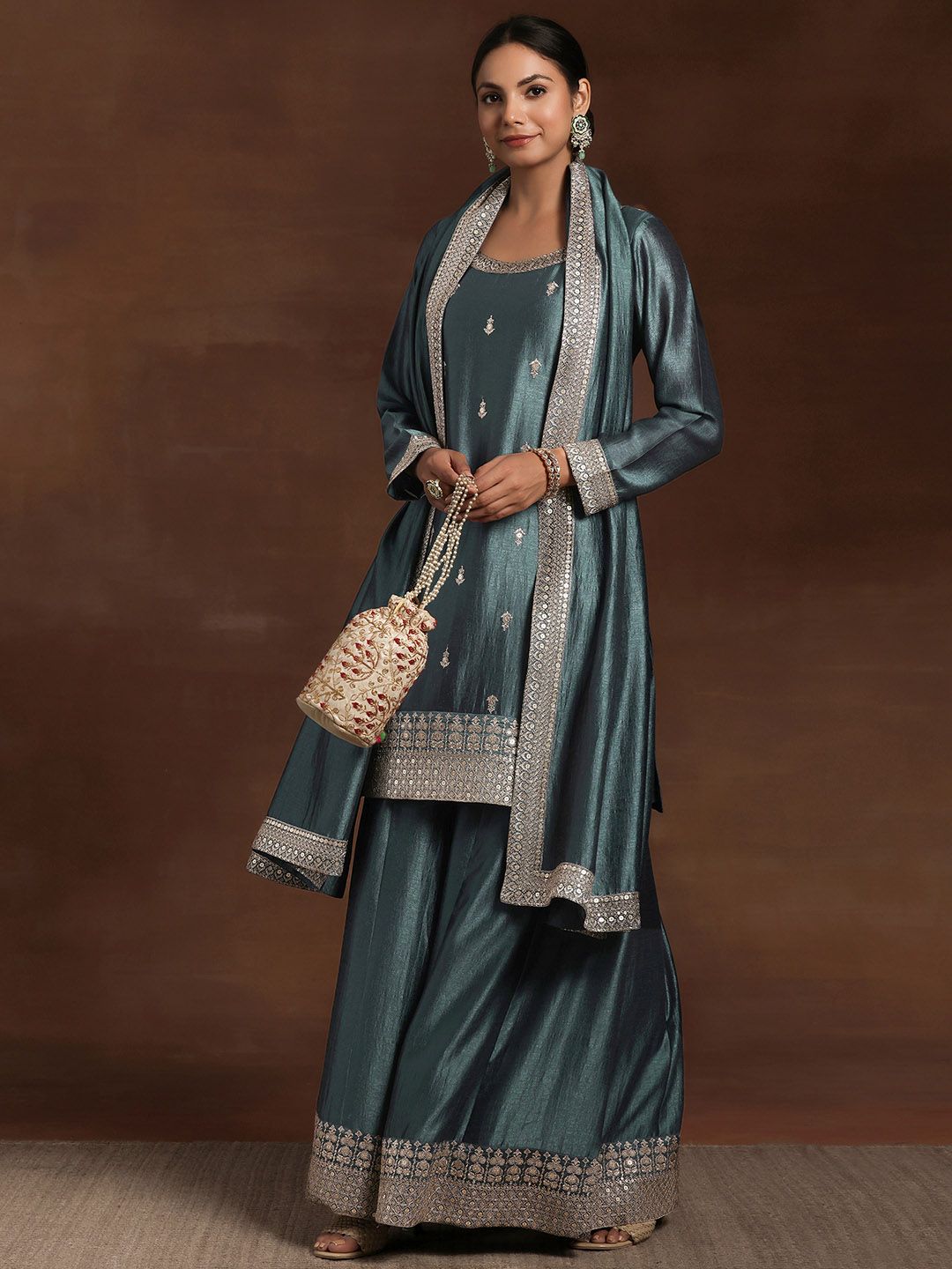 Libas Floral Embroidered Zari Kurta with Palazzos & With Dupatta