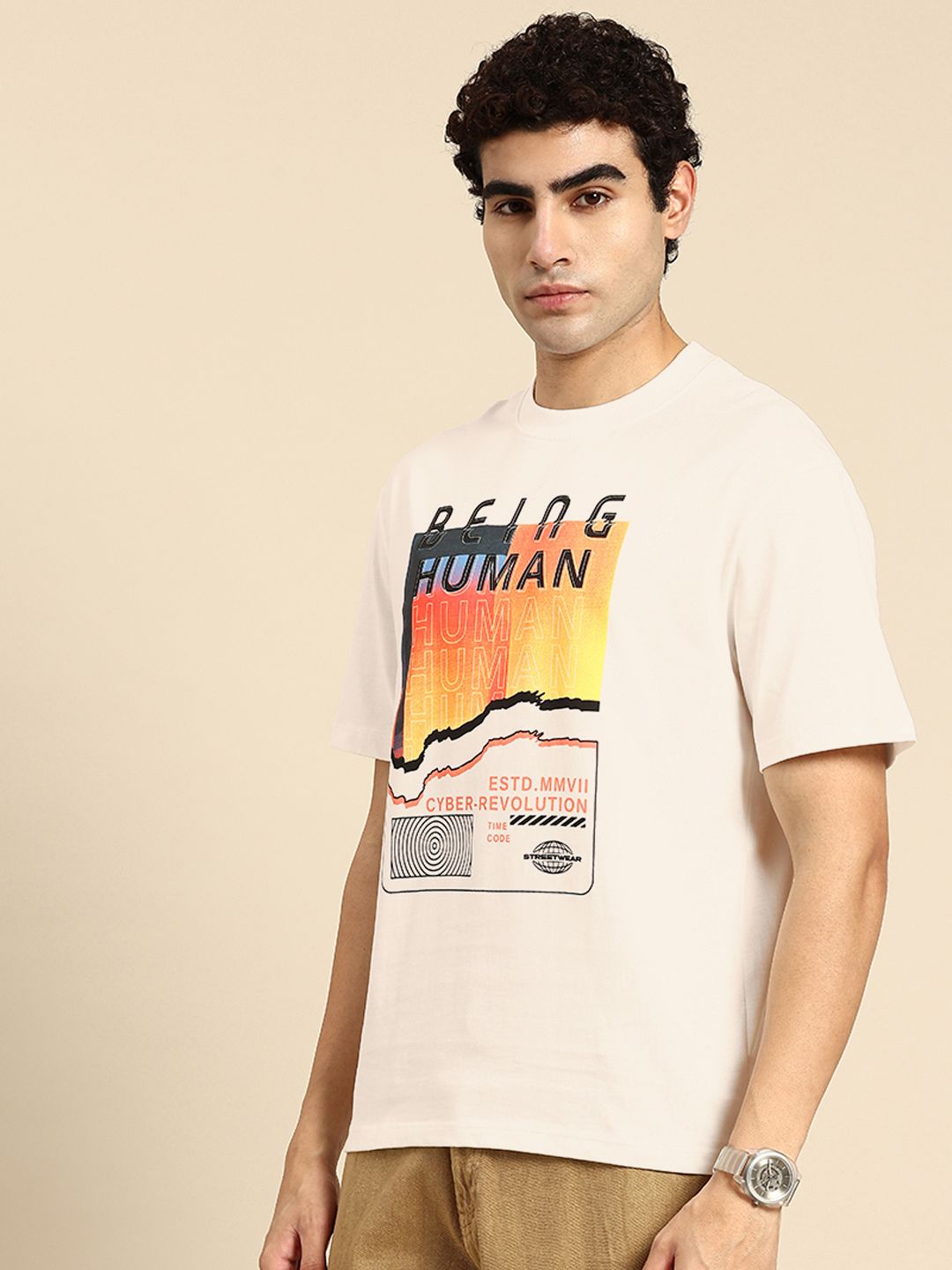 Being Human Brand Logo Printed Drop-Shoulder Sleeves Pure Cotton Easy Fit T-shirt