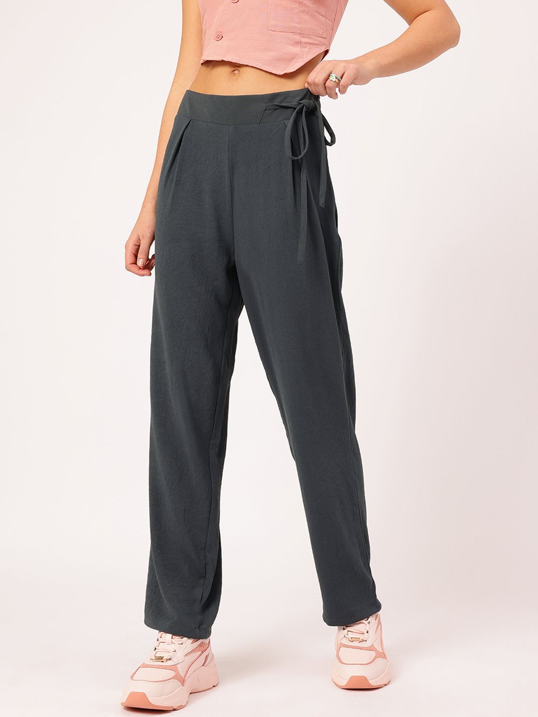 DressBerry Women Tie-Up Twist Crinkled Trousers