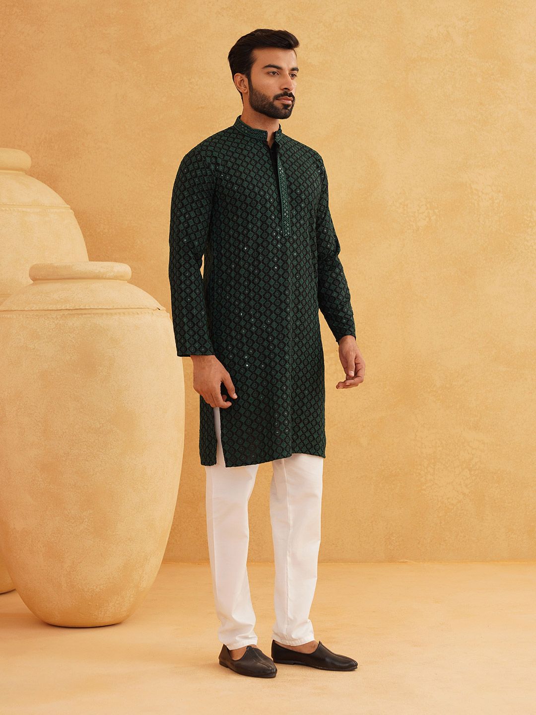 SOJANYA Embroidered Sequinned Pure Cotton Kurta with Churidar