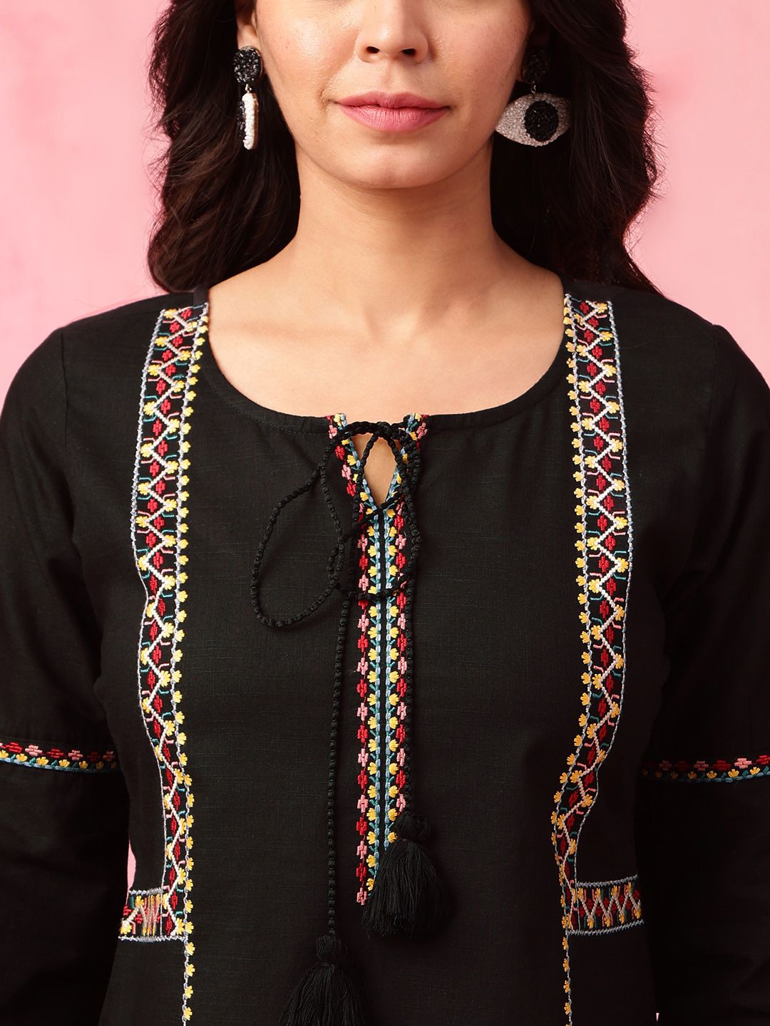 Anouk Black Geometric Embroidered Tie Up Neck Pure Cotton Short Kurti
