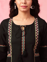 Anouk Black Geometric Embroidered Tie Up Neck Pure Cotton Short Kurti