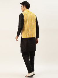 SOJANYA Men Black & Yellow  Jacquard Woven Design Kurta with Churidar & Nehru Jacket