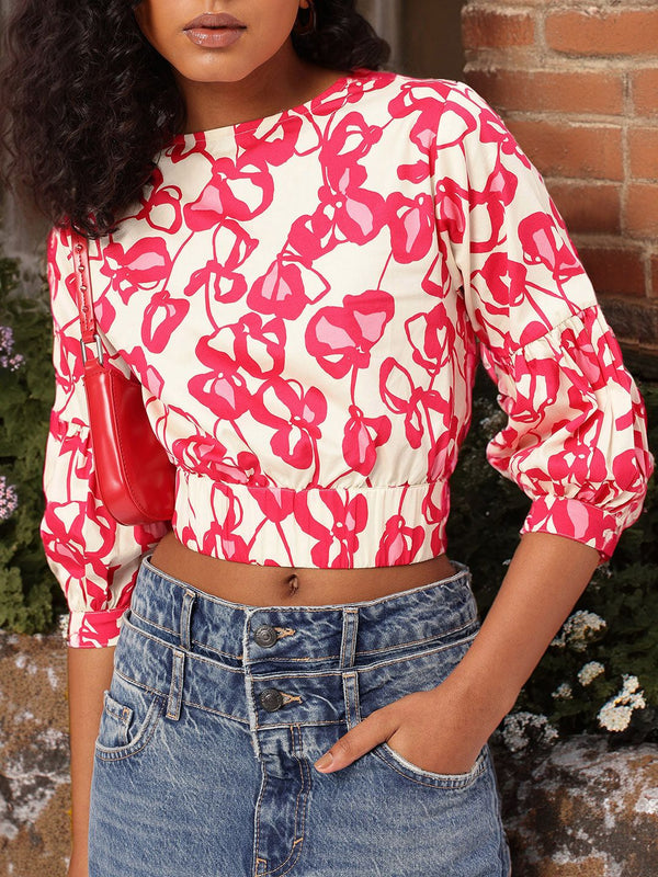 DressBerry Holiday Floral Splash Printed Cinched Waist Crop Top