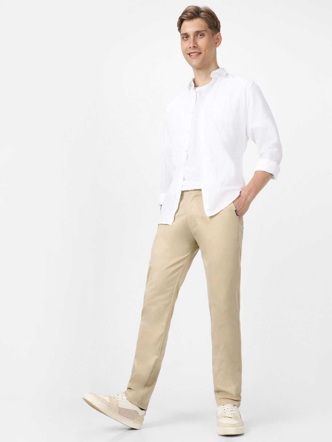 Urbano Fashion Men Cream-Coloured Slim Fit Pure Cotton Chinos