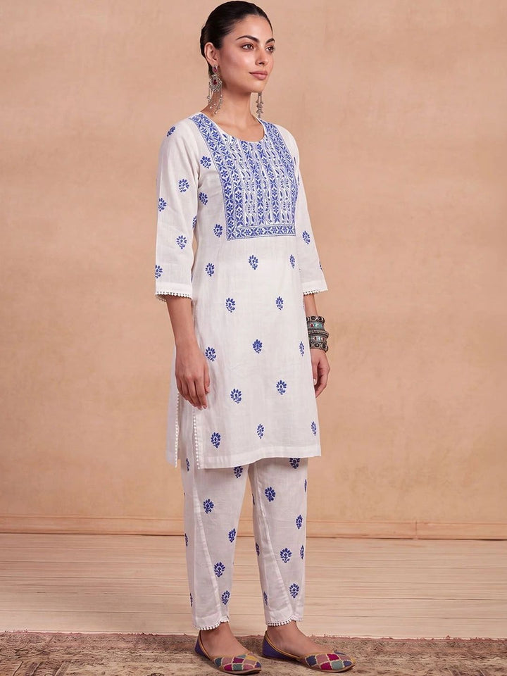 Rumah Wanita Chikankari Motif Etnik Bersulam Benang Biasa Kurta Kerja dengan Seluar