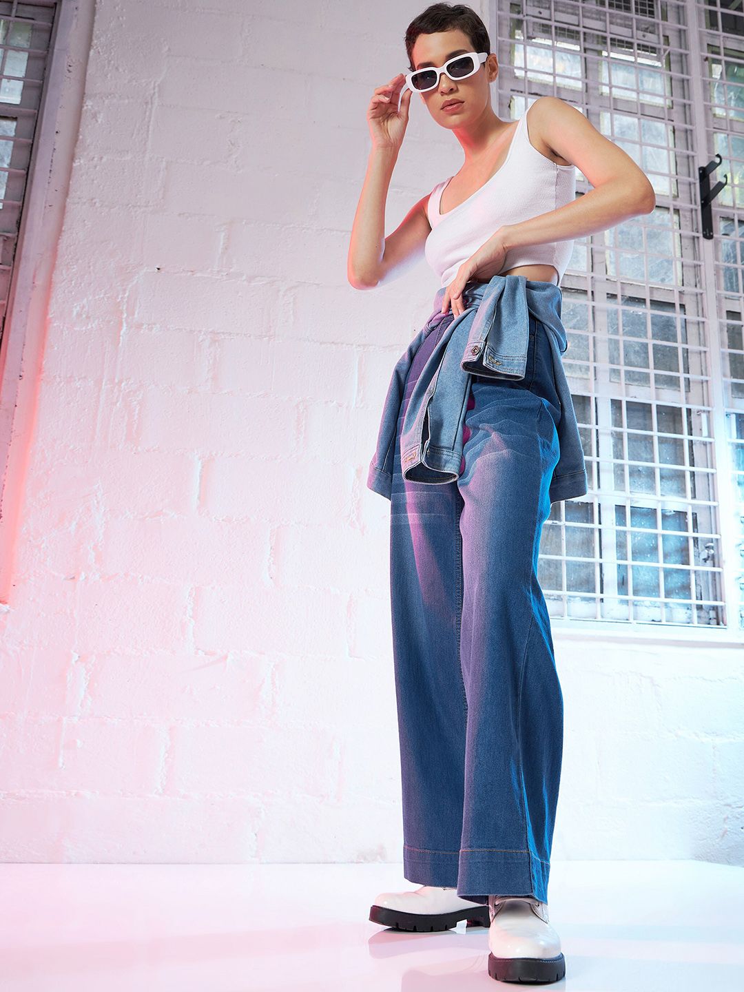 SASSAFRAS Women High Rise Comfort Wide Leg Stretchable Jeans