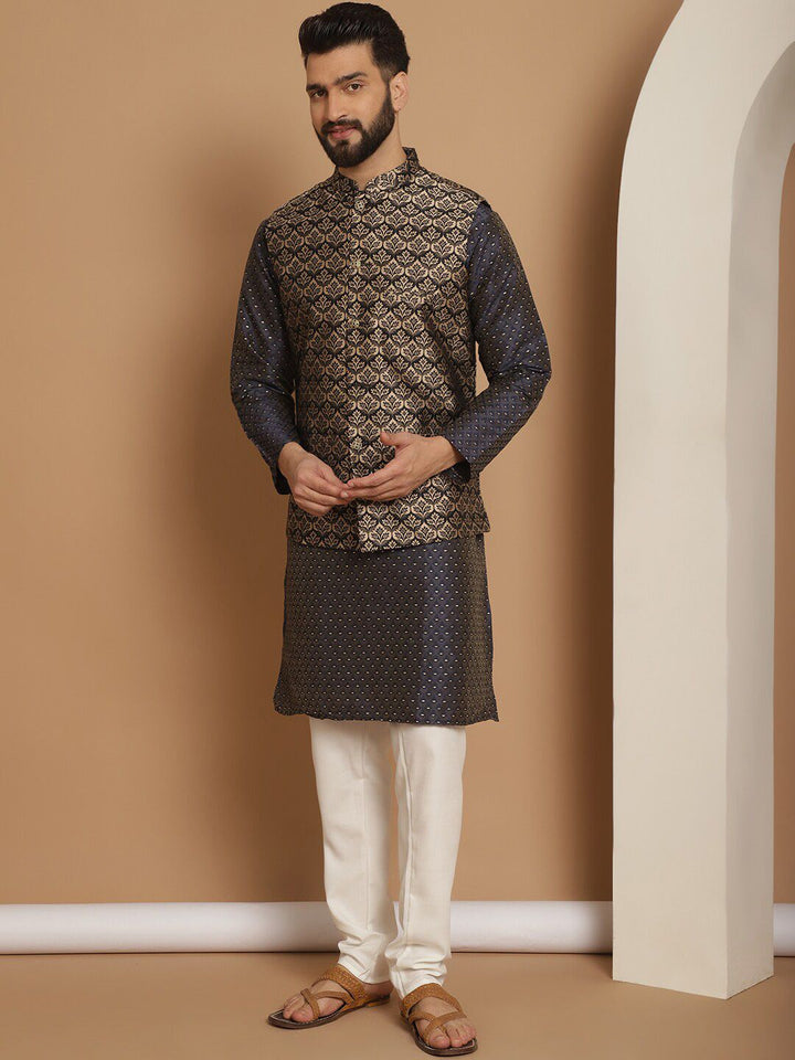 Anouk Navy Blue Ethnic Motifs Woven Design Straight Kurta With Churidar & Nehru Jacket