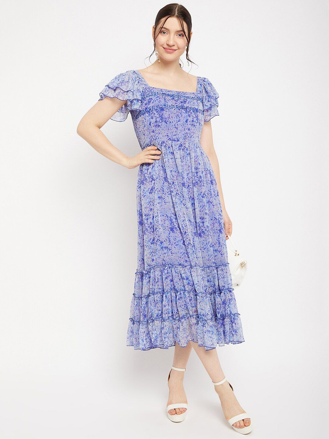 Antheaa Square Neck Abstract Printed Tiered Embellished Chiffon Fit & Flare Midi Dress