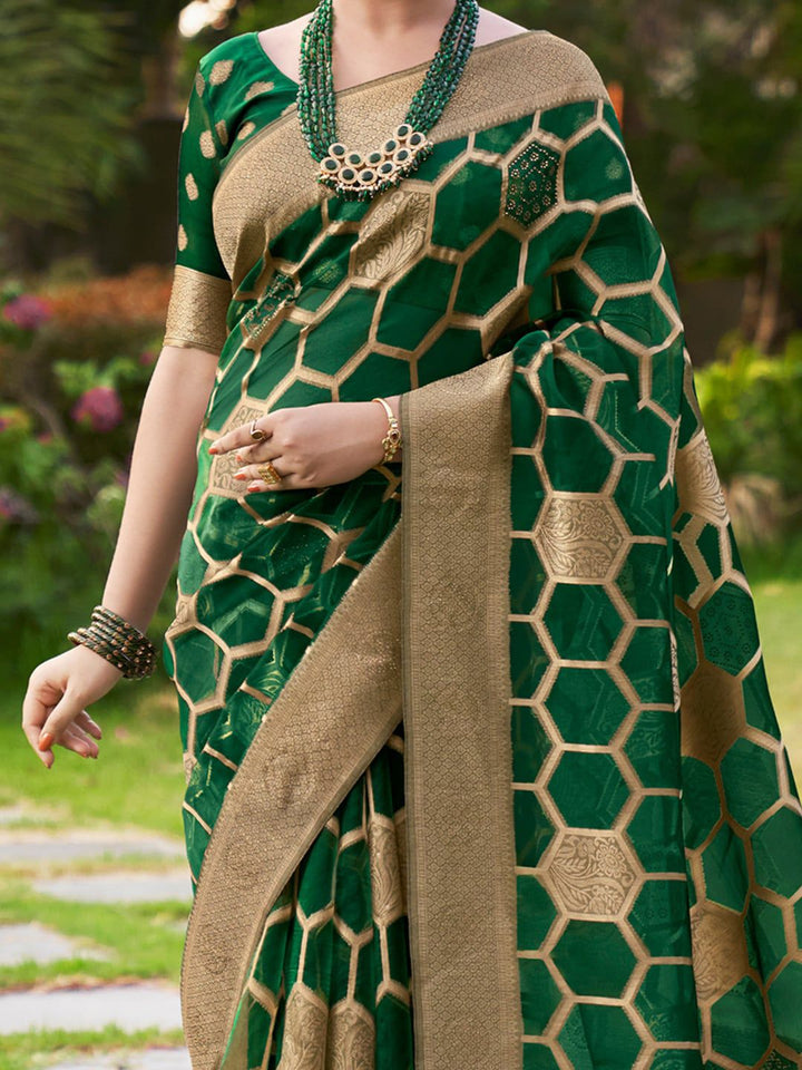 Saree mall Green & Gold Embellished  Zari Organza Banarasi Sarees