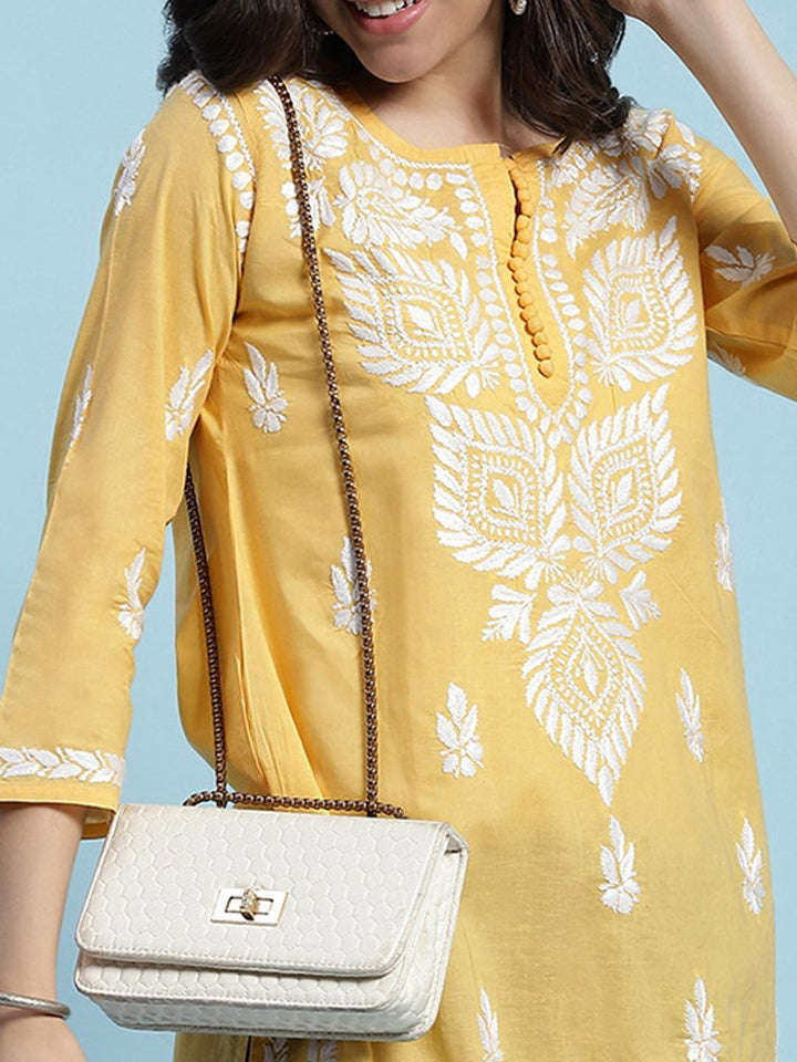 Rumah Chikankari Wanita Kapas Kuning Chikankari Sulam Kurti