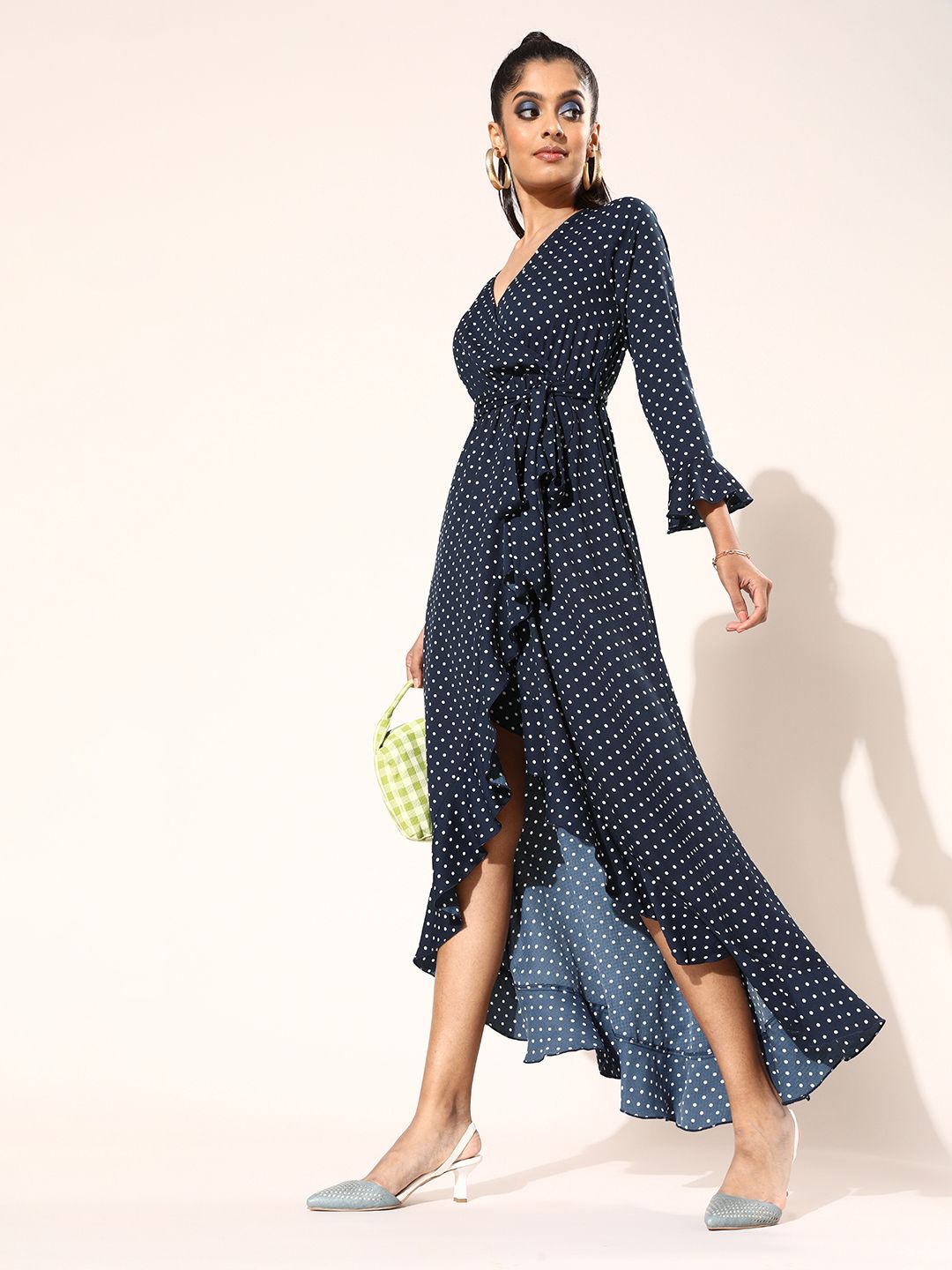 Berrylush Navy Blue & White Polka Dot Print Maxi Wrap Dress