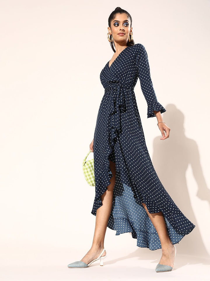 Berrylush Navy Blue & White Polka Dot Print Maxi Wrap Dress