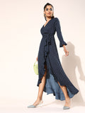 Berrylush Navy Blue & White Polka Dot Print Maxi Wrap Dress