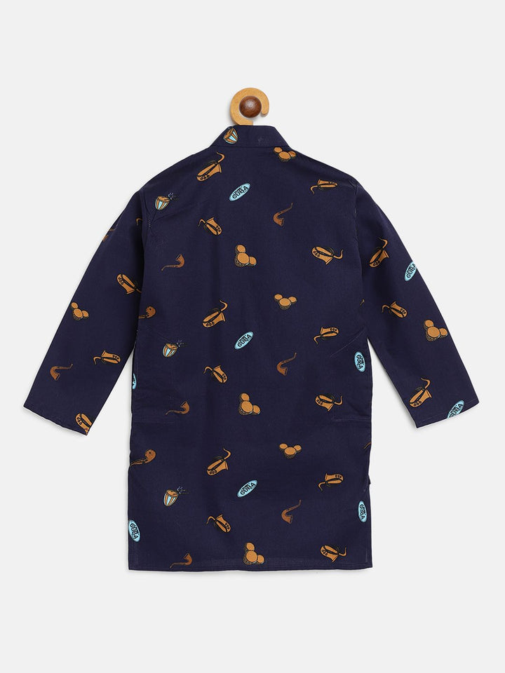 SOJANYA Boys Navy Blue & Brown Print Quirky Cotton Pure Band Collar Kurta