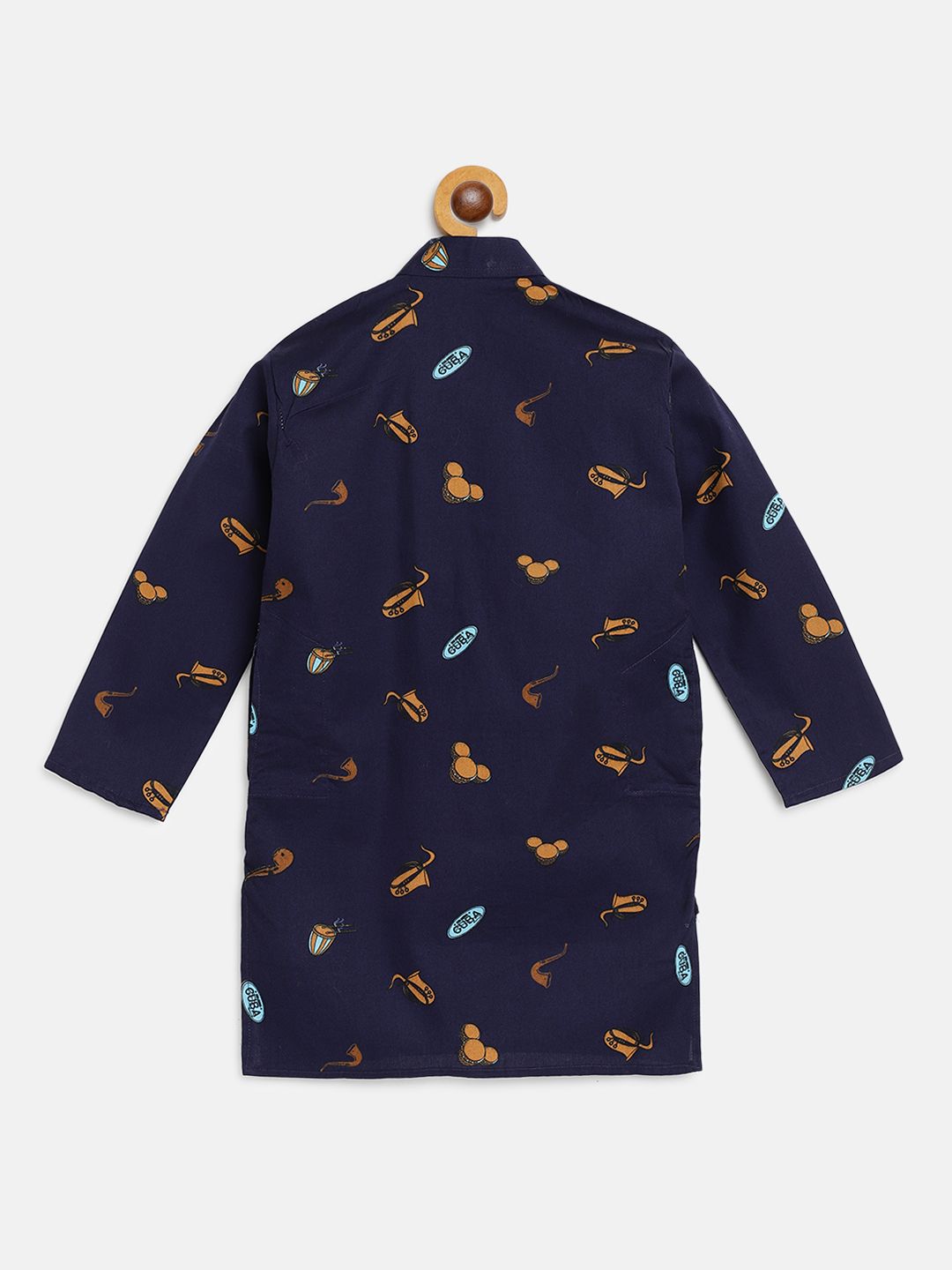 SOJANYA Boys Navy Blue & Brown Print Quirky Cotton Pure Band Collar Kurta