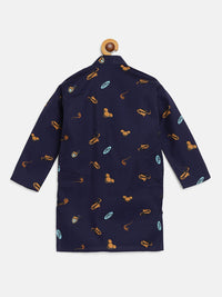 SOJANYA Lelaki Biru Laut & Coklat Cetakan Unik Kapas Tulen Kolar Jalur Kurta