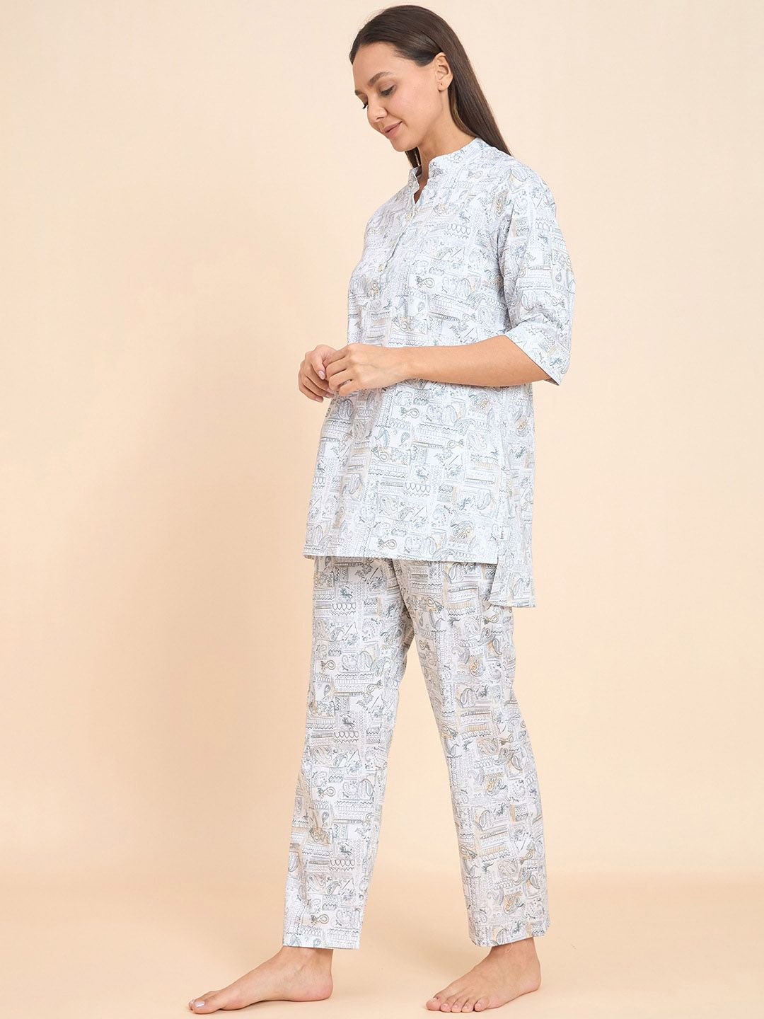 Sweet Dreams Grey Graphic Printed Pure Cotton Kurti With Pyjamas