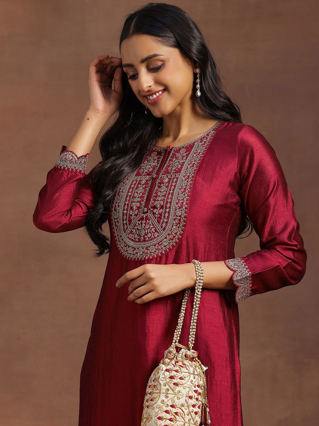Libas Women Maroon Yoke Design Embellished Kurta