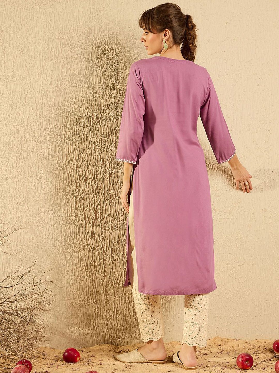 Wanita Era Indo Paisley Benang Sulam Kerja Pastel Kurta