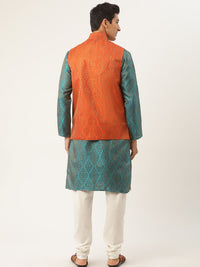 SOJANYA Men Teal Blue & Orange Ethnic Motifs Kurta  with Churidar & Nehru Jacket