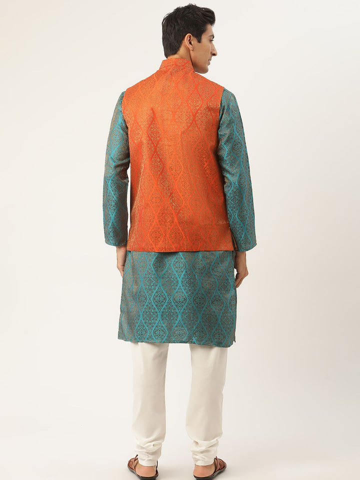 SOJANYA Kurta Motif Etnik Biru Teal & Jingga Lelaki dengan Jaket Churidar & Nehru
