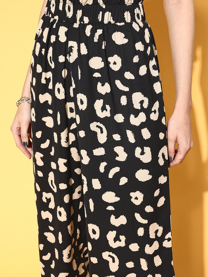 Berrylush Women Stylish Black Animal Printed Wide Leg Bottom Trousers