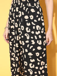 Berrylush Women Stylish Black Animal Printed Wide Leg Bottom Trousers
