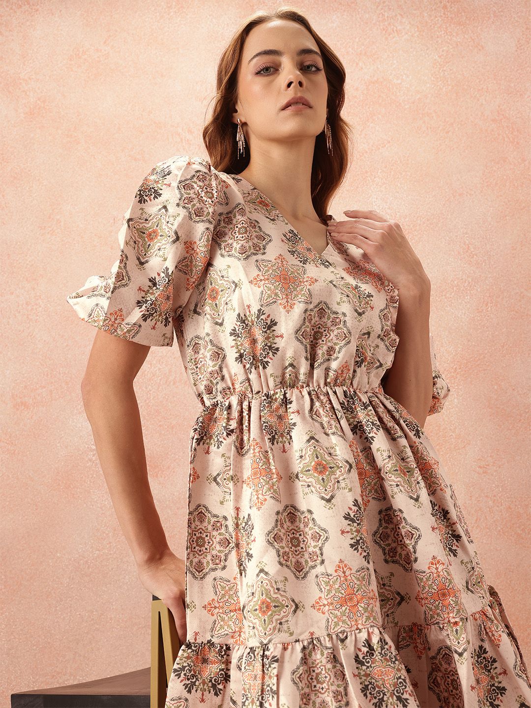 all about you Ethnic Motifs Print Puff Sleeves Wrap-Style Dress