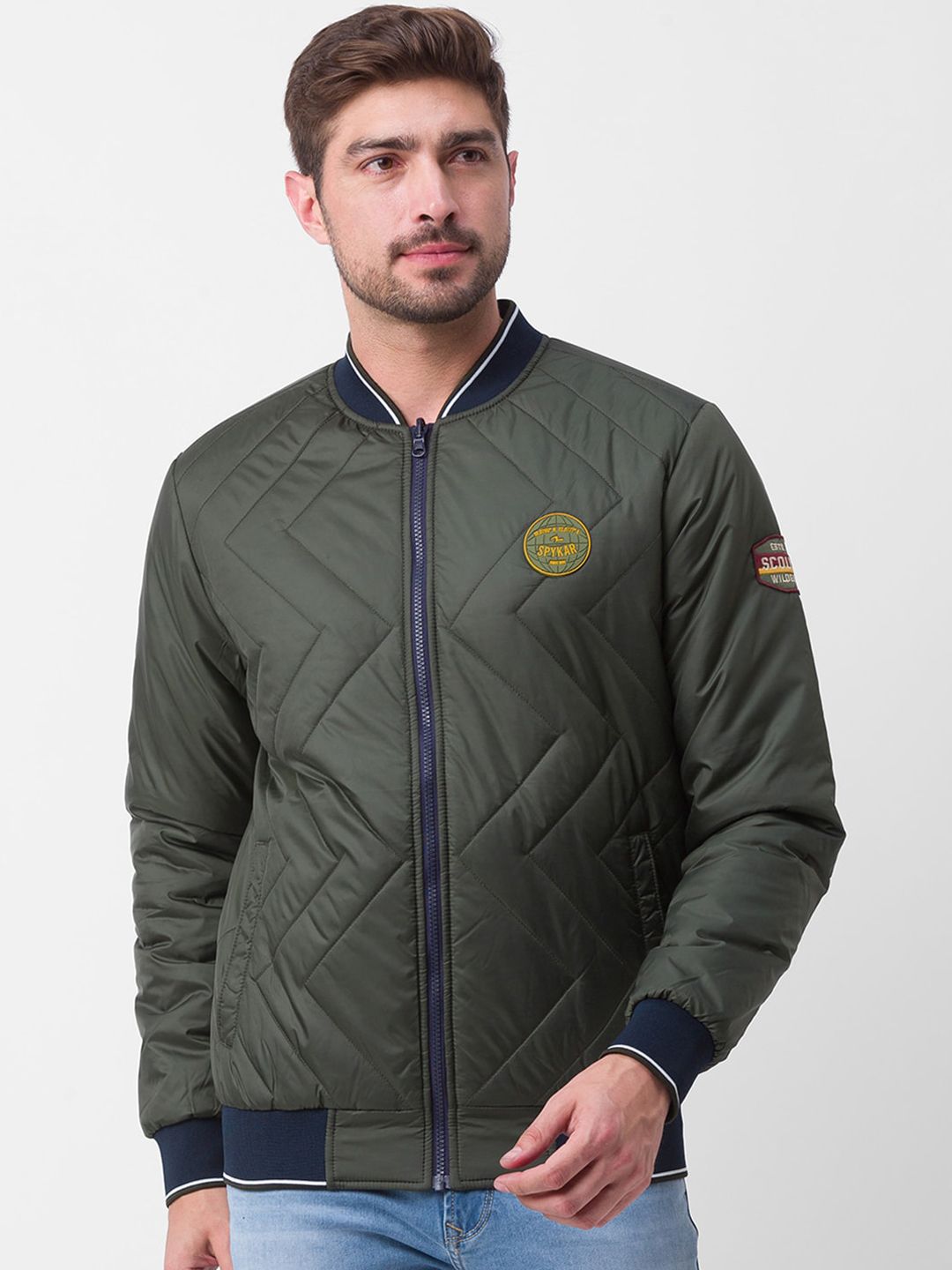 SPYKAR Men Blue Striped Bomber with Patchwork Jacket