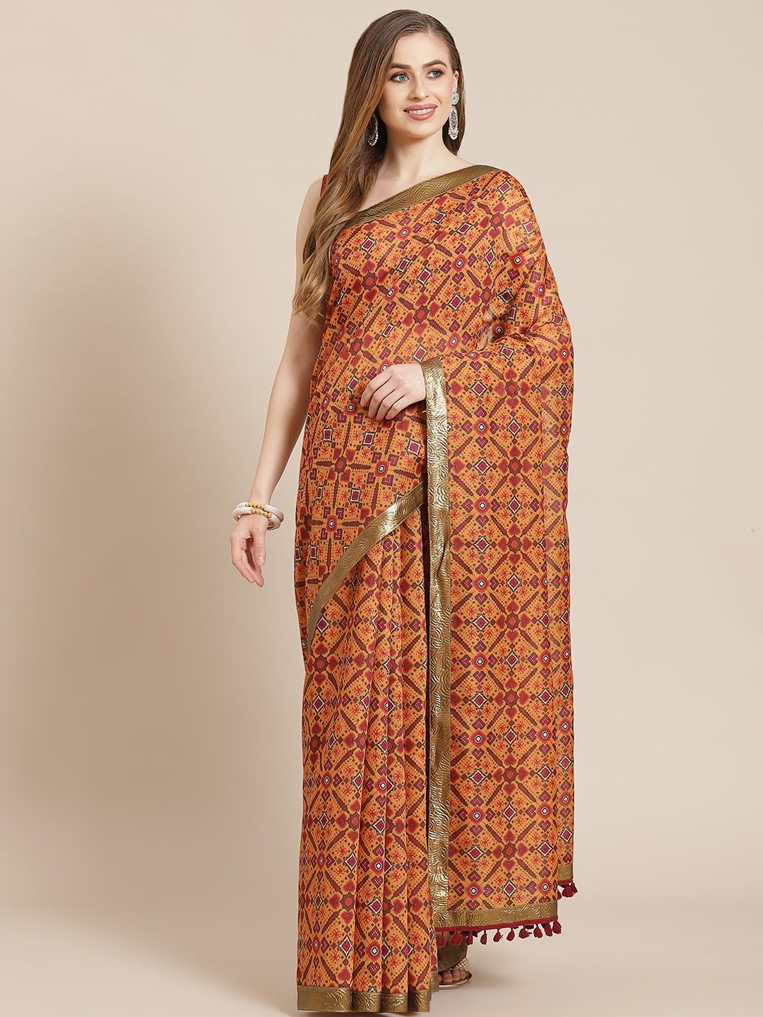 Shae by SASSAFRAS Mustard Yellow & Green Ethnic Motifs Print Patola Saree