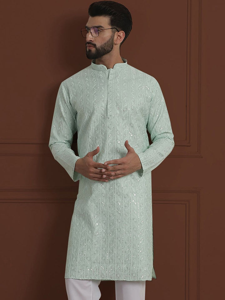 SOJANYA LUXE Sulam Bunga Labuci Mandarin Kolar Kapas Kurta Lurus Sutera