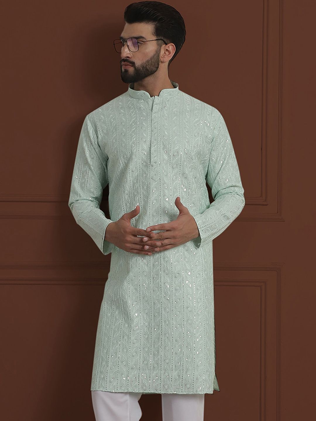 SOJANYA LUXE Sulam Bunga Labuci Mandarin Kolar Kapas Kurta Lurus Sutera