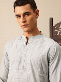 House of Pataudi Embroidered Band Collar Thread Work Pure Cotton Jashn Kurta with Trousers