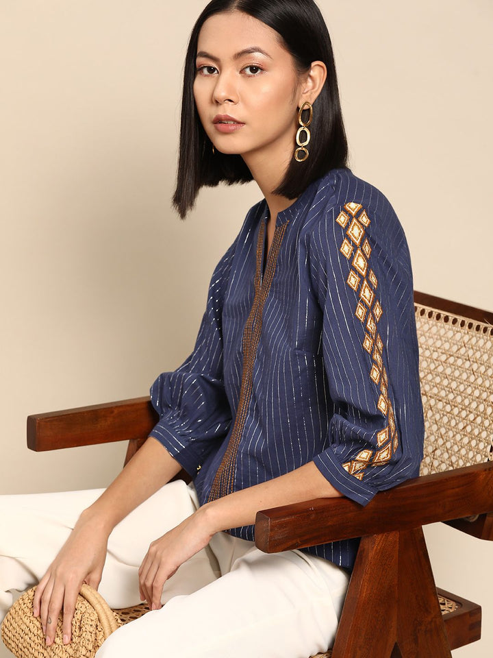 all about you Striped Embroidered Detail Top