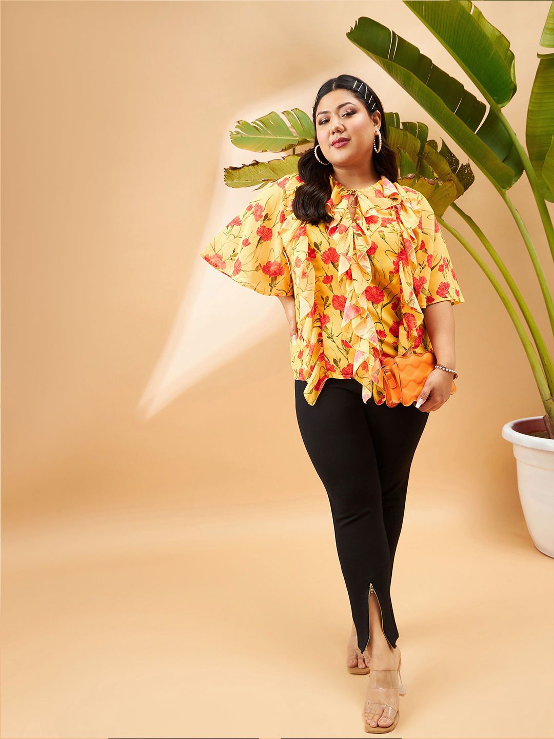 SASSAFRAS Curve Floral Printed Tie-Up Neck Ruffles Top
