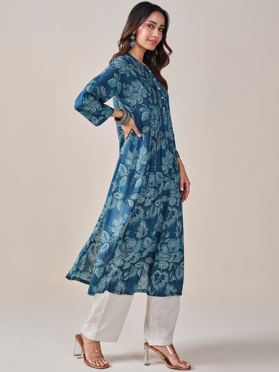 Global Desi Floral Printed Mandarin Collar Pleated Kurta