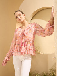Antheaa Floral Printed Ruffles Detail Chiffon Peplum Top