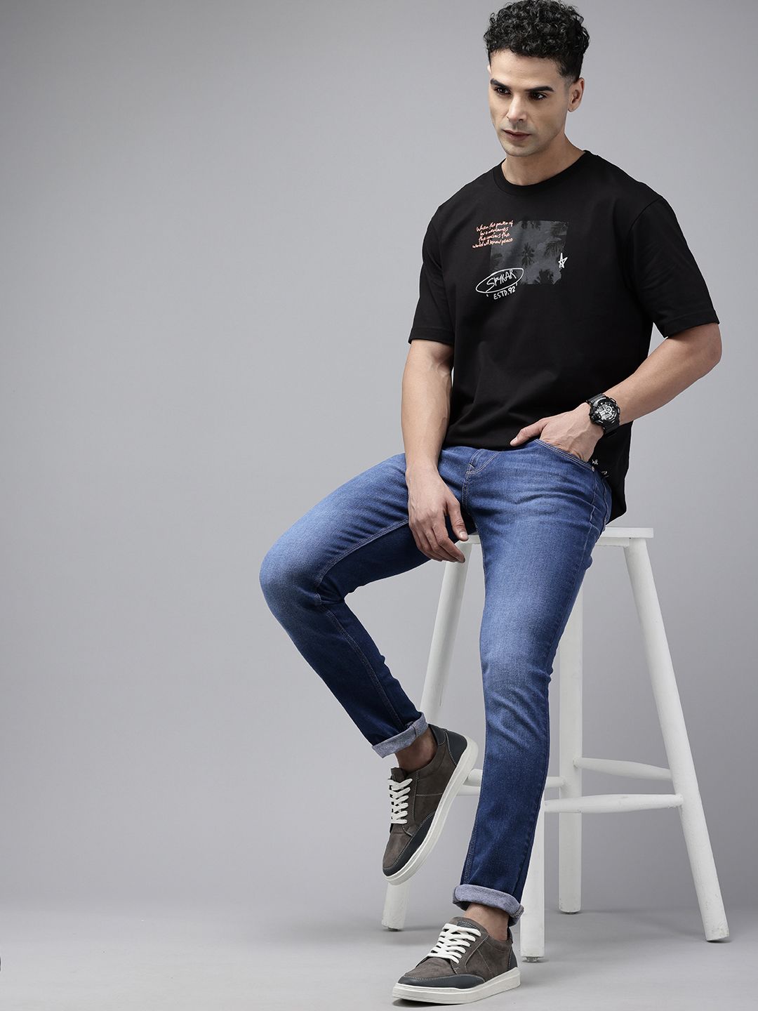 SPYKAR Men Slim Fit Low-Rise Heavy Fade Narrow Leg Stretchable Jeans