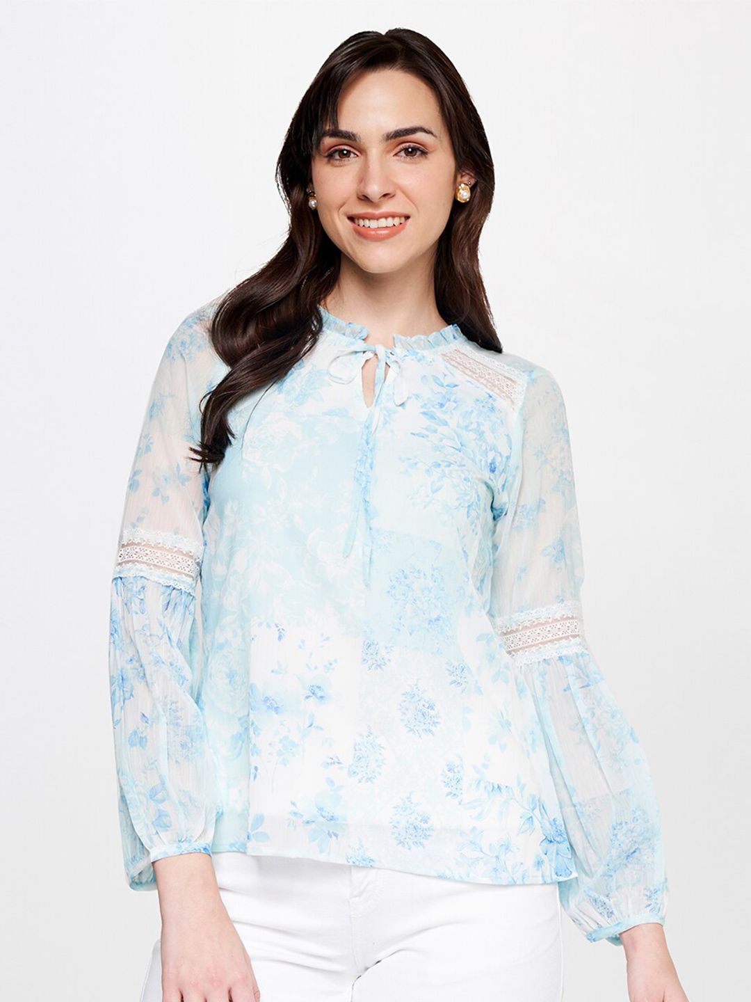 AND Floral Printed Puff Sleeves Tie-Up Neck Top