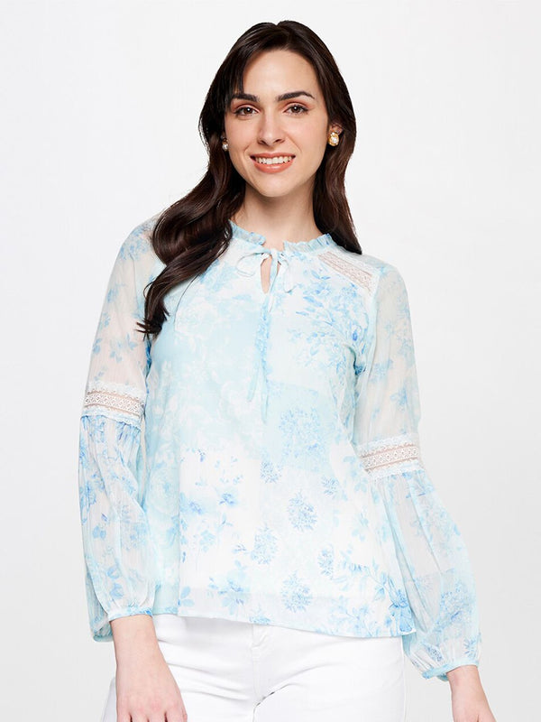 Dan Lengan Puff Bercetak Floral Tie-Up leher